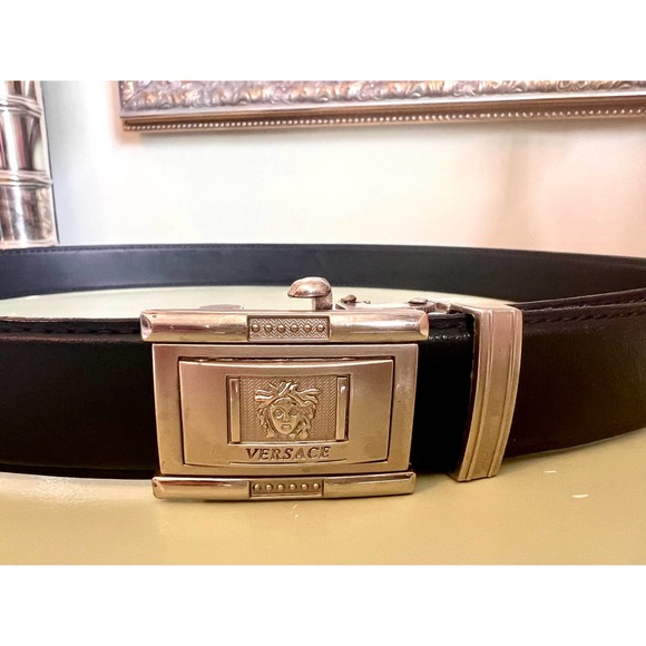 Versace Mens Medusa Silver Buckle Black Leather Belt Size 95